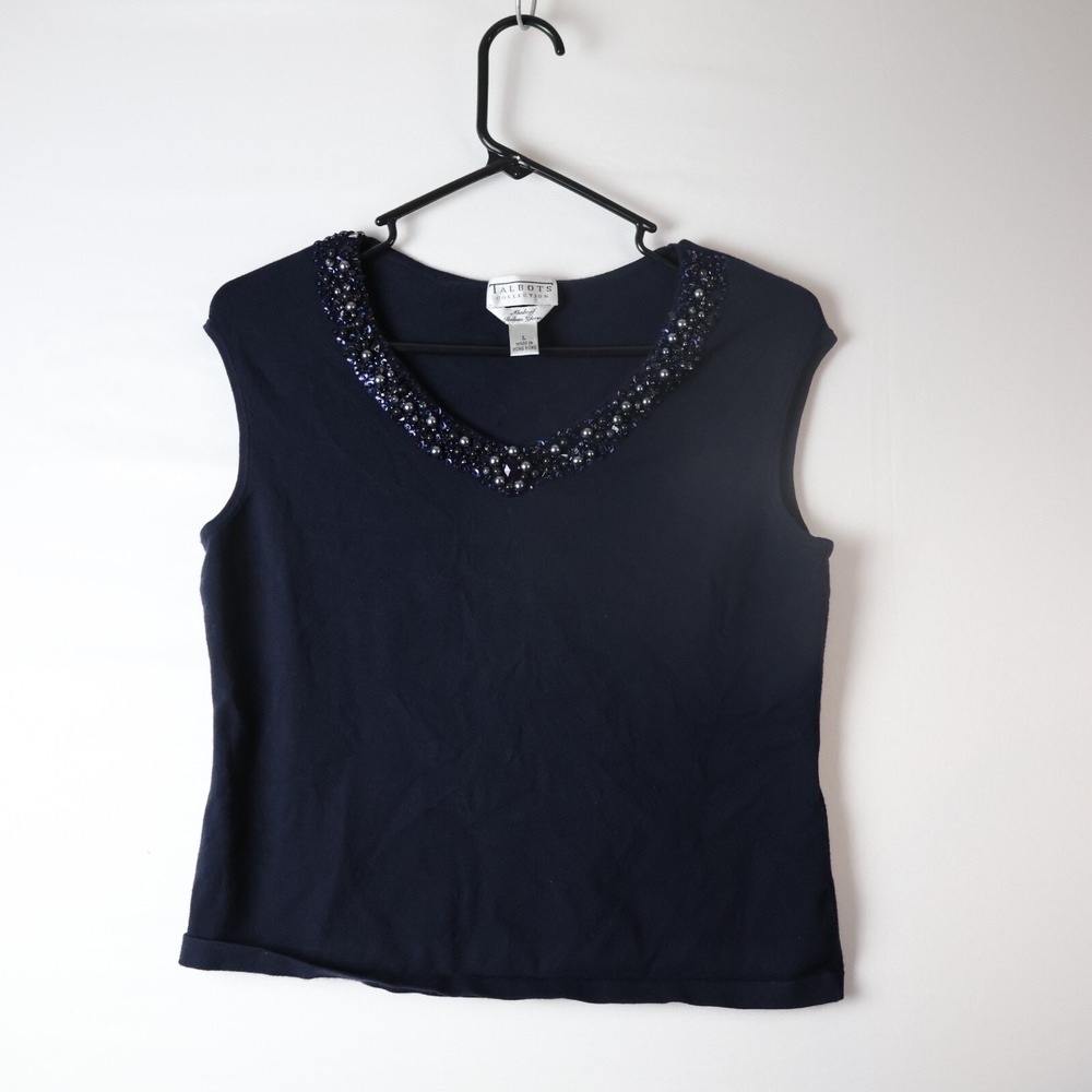 Talbots Womens Large Blue Jeweled Neck Sleeveless Blouse Italian Yarn Top